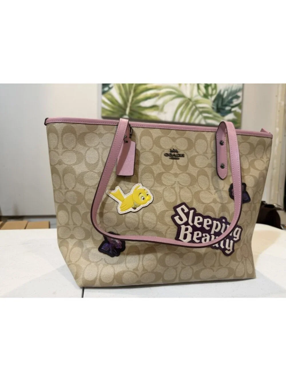 Disney x Coach City Tote Signature Canvas Sleeping Beauty Patches Khaki
